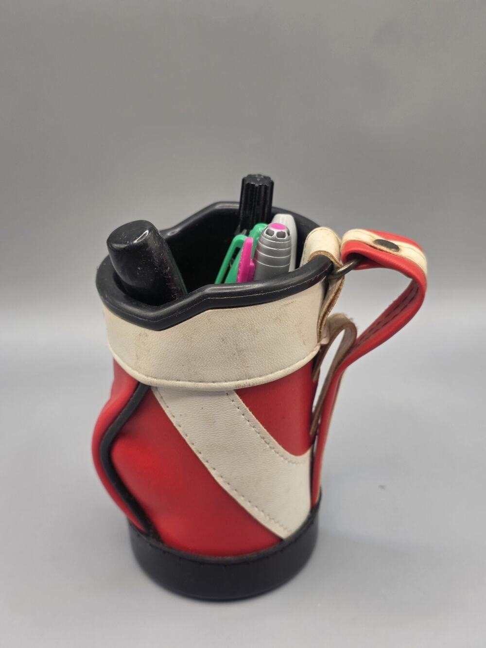 Vintage Mini Golf Bag Pen Pencil Holder Desk Caddy Office Decor Red White Caddy